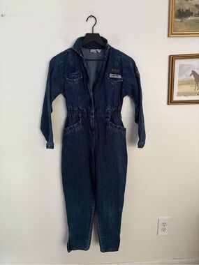 Vintage JetSet Denim Flight Suit Patch Jumpsuit Youth Size 14 80s Retro EUC EA